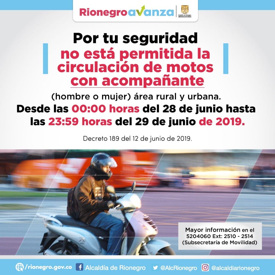 Para tener en cuenta, restricción de parrillero en Rionegro