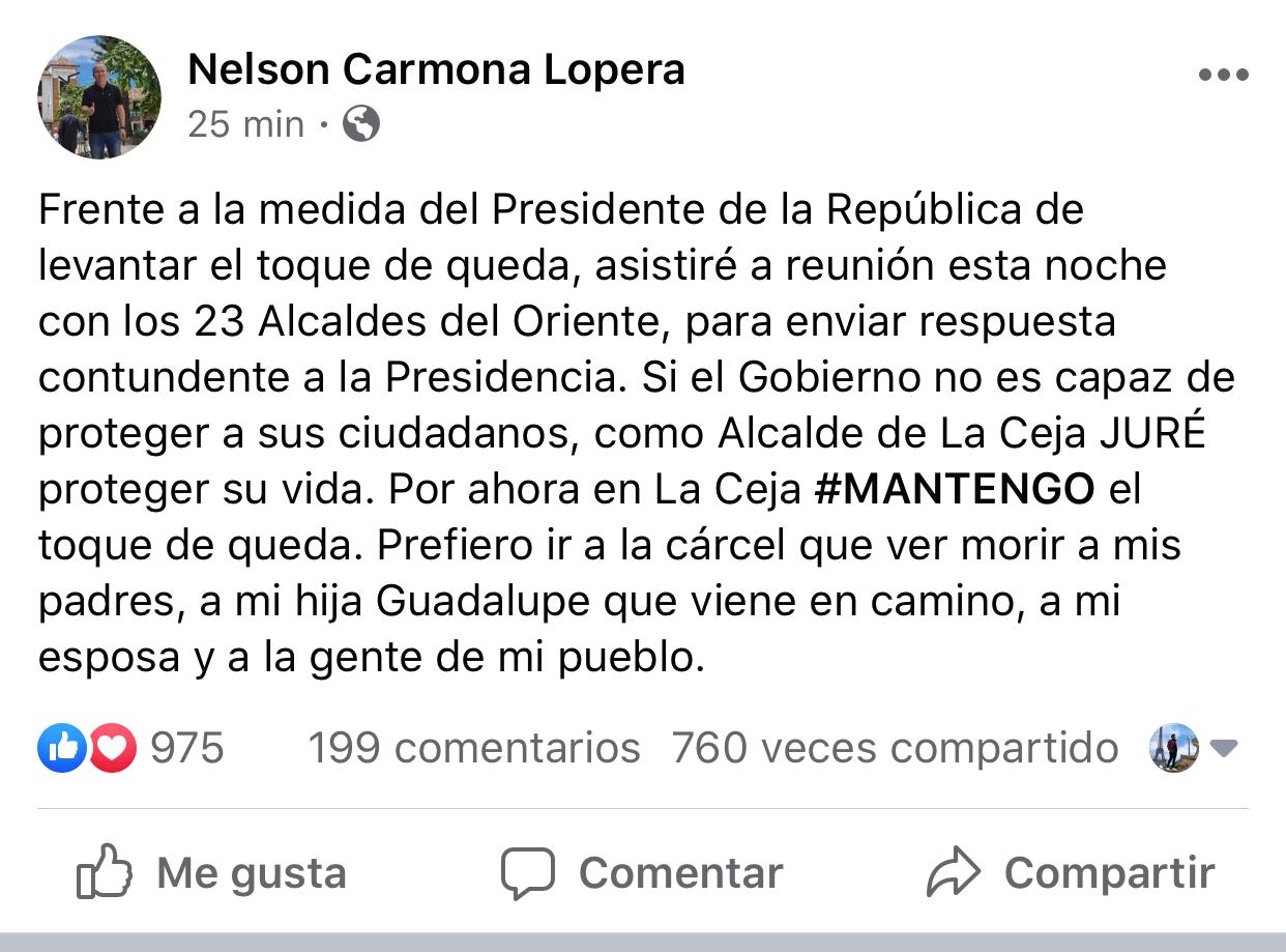 Alcalde de La Ceja mantiene medida de toque de queda