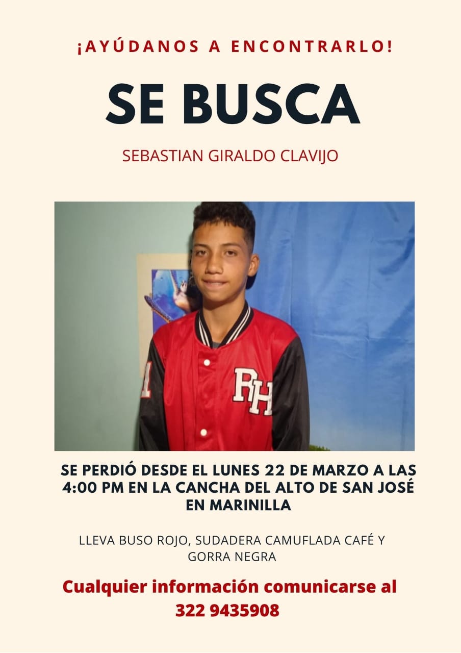 Marinilla: Buscan a joven de 15 años desaparecido, el cual necesita medicamentos.