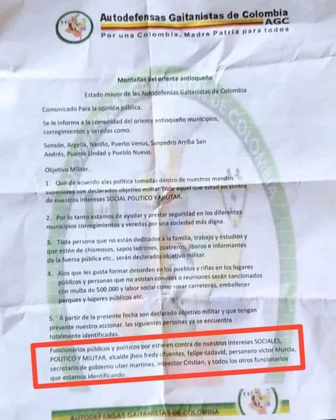 Nuevo panfleto circuló en Nariño, amenazaron al alcalde y a varios funcionarios