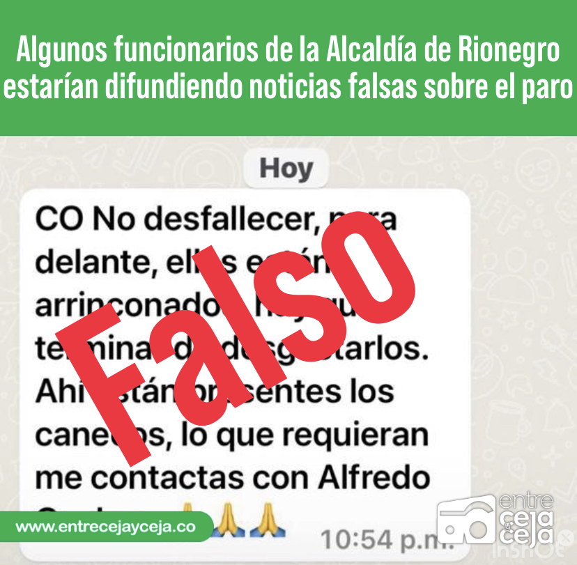 Algunos funcionarios de la Alcaldía de Rionegro estarían difundiendo noticias falsas sobre el paro