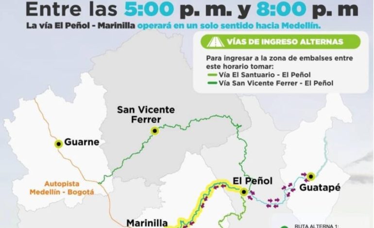 Recuerde: a partir de las 5:00 pm la vía El Peñol-Marinilla operará en un solo carril