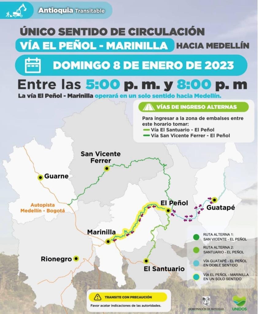 Recuerde: a partir de las 5:00 pm la vía El Peñol-Marinilla operará en un solo carril