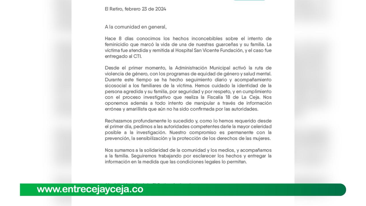 Alcaldía de El Retiro pide acelerar investigación tras presunto intento de feminicidio en la zona rural