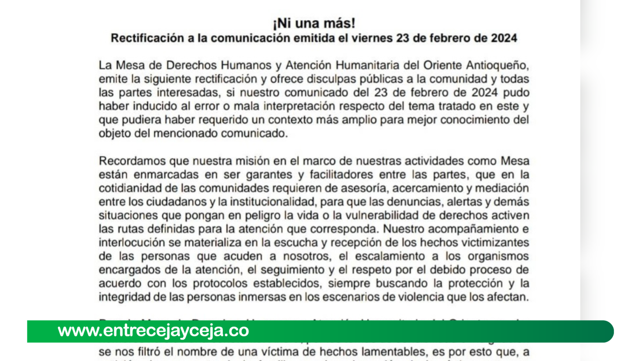 Intento de feminicidio en El Retiro: Mesa de Derechos Humanos rectifica información entregada