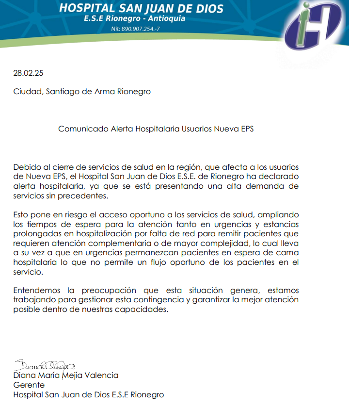 El Hospital San Juan de Dios de Rionegro declaró alerta hospitalaria por alta demanda de pacientes de Nueva EPS, afectando la atención en urgencias y hospitalización.