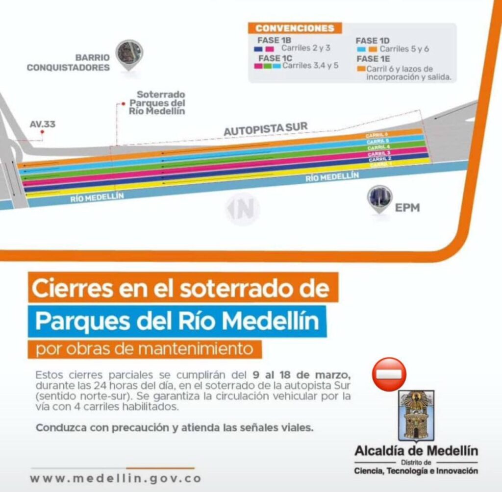 Mapa informativo sobre cierres en el soterrado de Parques del Río Medellín por mantenimiento del 9 al 18 de marzo.