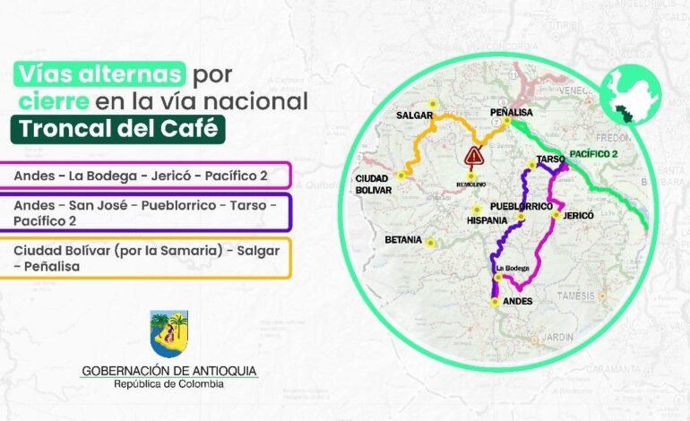 Gobernación de Antioquia recomienda vías alternas por afectaciones en el Suroeste tras fuertes lluvias