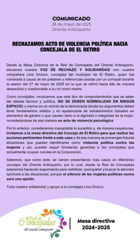 La Red de Concejalas del Oriente Antioqueño rechaza la violencia política de género contra Lina Orozco, concejala de El Retiro.