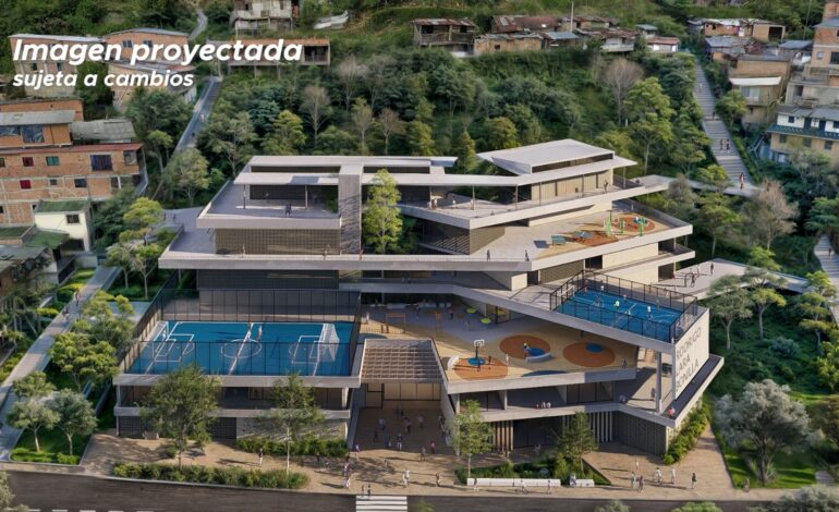 Render del diseño del megacolegio Rodrigo Lara Bonilla en la comuna 3 de Medellín.