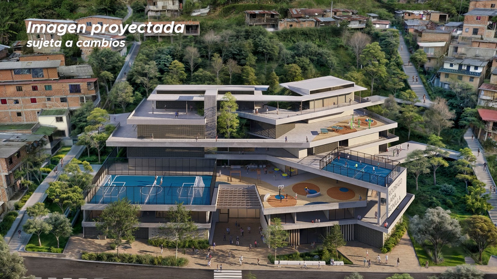 Render del diseño del megacolegio Rodrigo Lara Bonilla en la comuna 3 de Medellín.