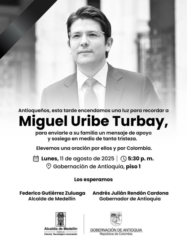 Gobernador de Antioquia y alcalde de Medellín convocan velatón por Miguel Uribe Turbay