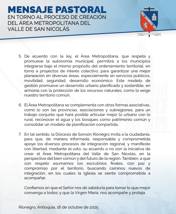 La Diócesis de Sonsón-Rionegro invita a votar de forma informada y consciente en la consulta del 9 de noviembre sobre el Área Metropolitana del Valle de San Nicolás.