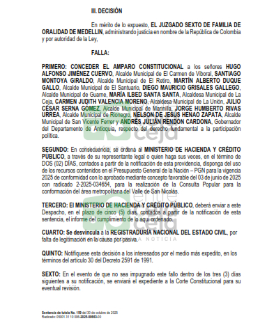 Juez ordena a MinHacienda girar recursos para consulta del Área Metropolitana del Valle de San Nicolás