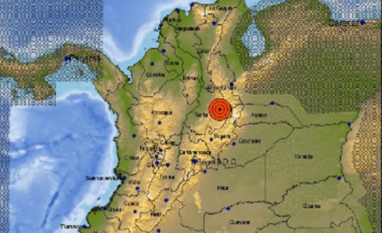 Mapa del Servicio Geológico Colombiano mostrando el epicentro del sismo de magnitud 5,8 registrado en Los Santos, Santander