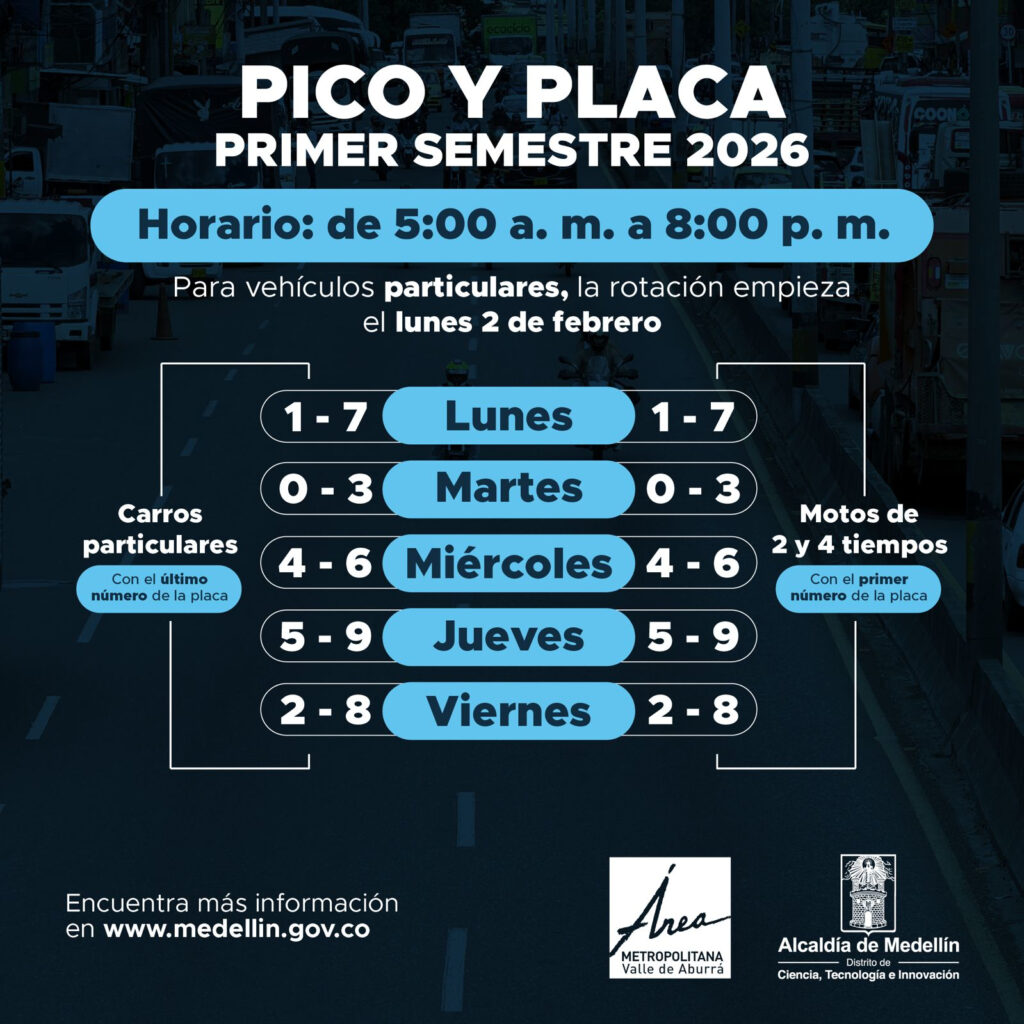 Así quedó la nueva rotación del Pico y Placa en Medellín y Valle de Aburrá