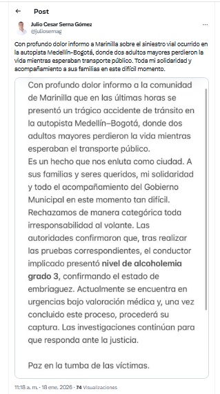 Dos adultos mayores mueren tras ser arrollados por conductor borracho en Marinilla