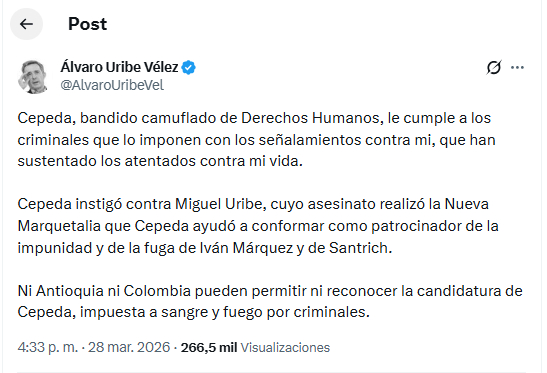 “Bandido camuflado”: Álvaro Uribe le responde a Iván Cepeda tras polémicas declaraciones