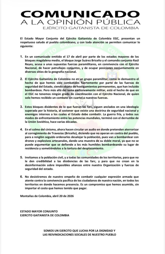 EGC responde a disidencias de las Farc por señalamientos en su contra