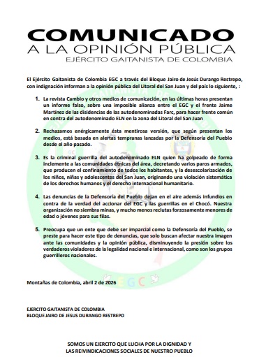 EGC niega cualquier tipo de alianza con disidencias y alerta sobre acciones del ELN
