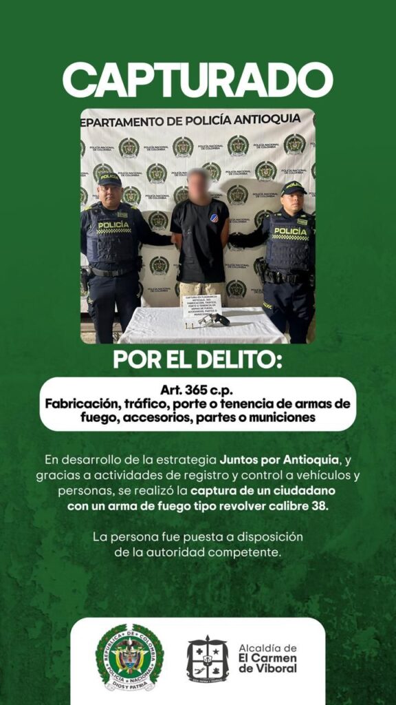 Autoridades capturaron 12 personas en El Carmen de Viboral durante operativos contra microtráfico, armas ilegales y violencia.