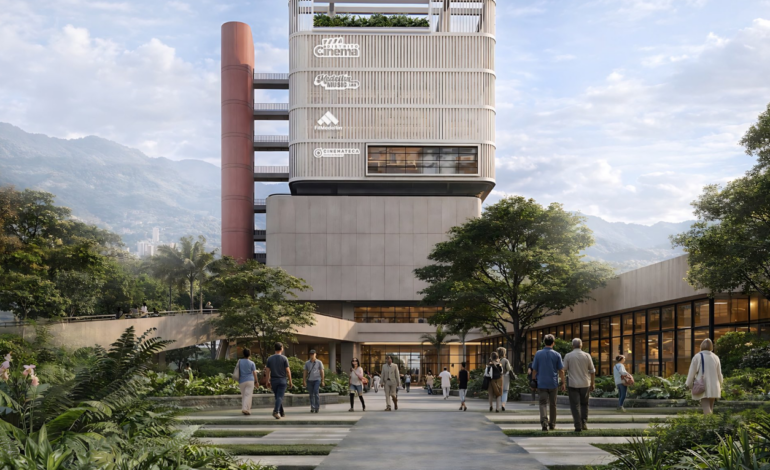 Diseño arquitectónico del futuro ReCreo Cultural Ciudad del Río, un complejo cultural que incluirá cinemateca, salas de cine, laboratorios creativos y espacios para la producción audiovisual y musical en Medellín.