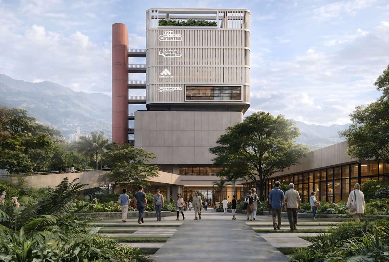 Diseño arquitectónico del futuro ReCreo Cultural Ciudad del Río, un complejo cultural que incluirá cinemateca, salas de cine, laboratorios creativos y espacios para la producción audiovisual y musical en Medellín.