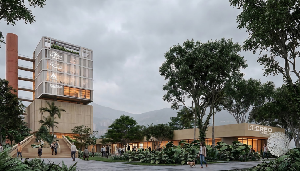 Diseño arquitectónico del futuro ReCreo Cultural Ciudad del Río, un complejo cultural que incluirá cinemateca, salas de cine, laboratorios creativos y espacios para la producción audiovisual y musical en Medellín.